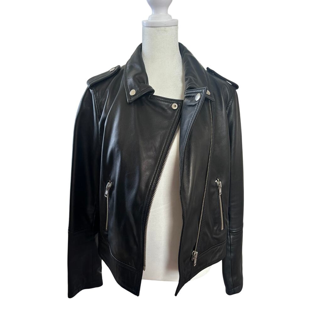 Boden Black Real Leather Moto Biker Jacket Silver Hardware Polka Dot Lining